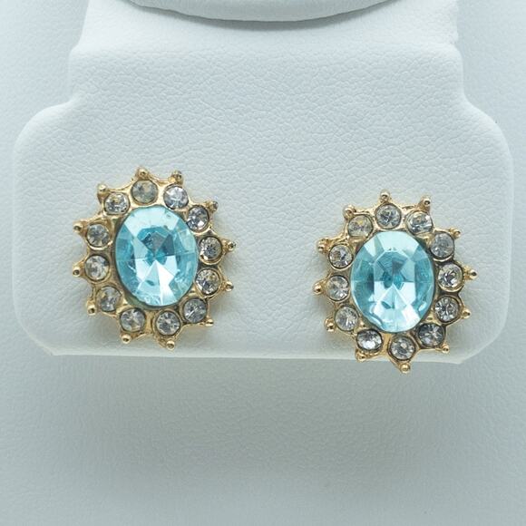 Vintage Aqua Blue Rhinestone Sunburst Stud Earrings - Picture 1 of 11